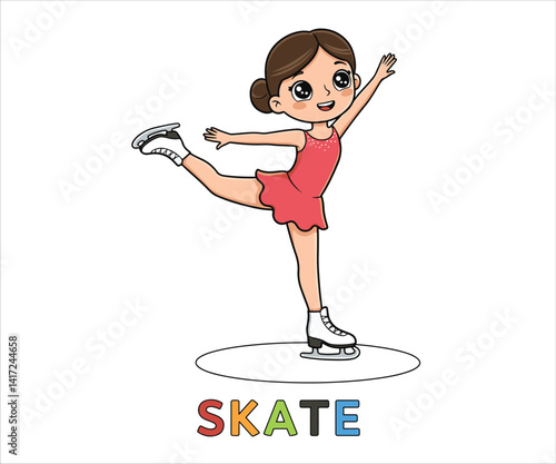 vector illustration of a female figure skater in action on the ice, with a white background for emphasis.