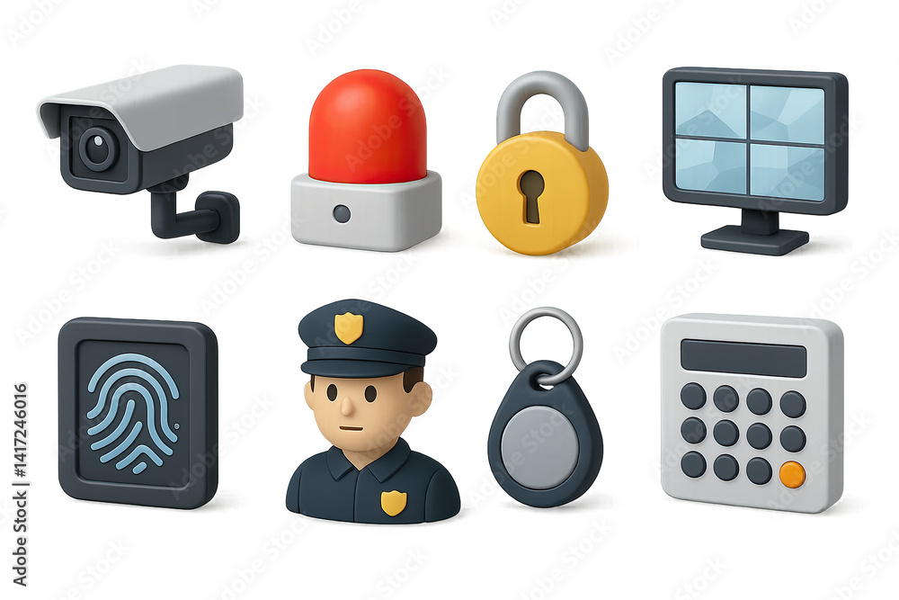 Security and surveillance icon set: 3d style for digital projects