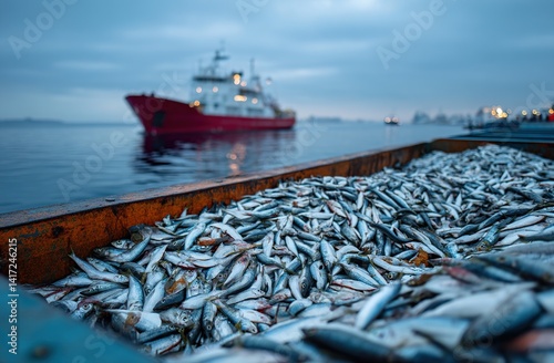Fishing Vessels Delivering Fresh Catch: Abundant Seafood Harvest at Sea,  Ocean's Bounty, Sustainable Fishing Practices