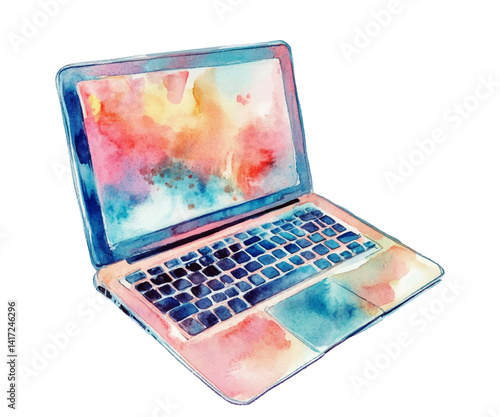Open laptop with a vivid, abstract display and soft blending of hues across the keyboard and casing. Vector illustration in watercolor style. Laptop isolated on white.
