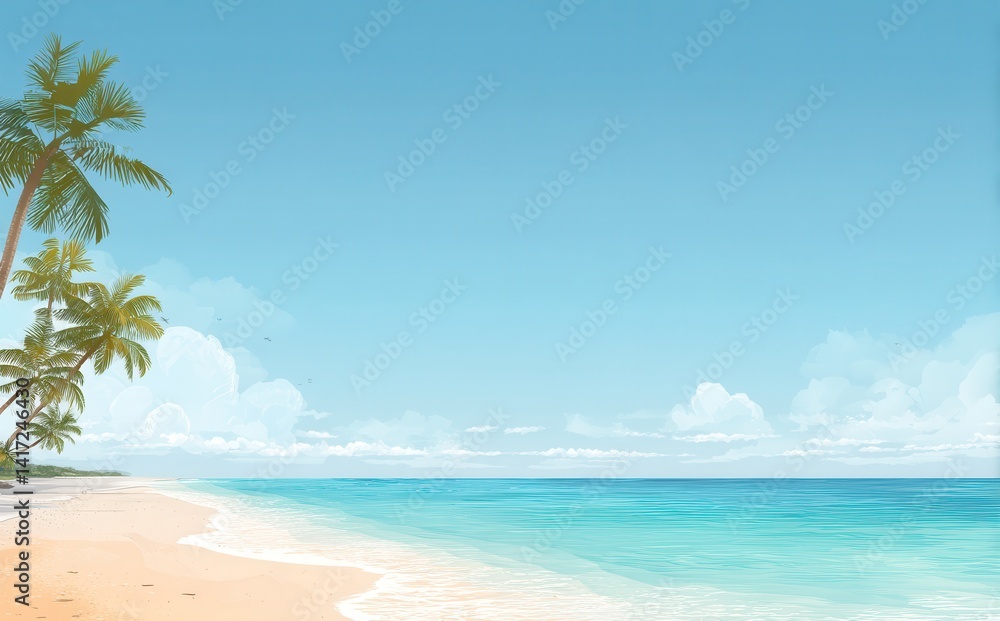 Obraz premium Serene tropical beach scene with palm trees swaying gently under a clear blue sky. Tranquil vacation vibes.