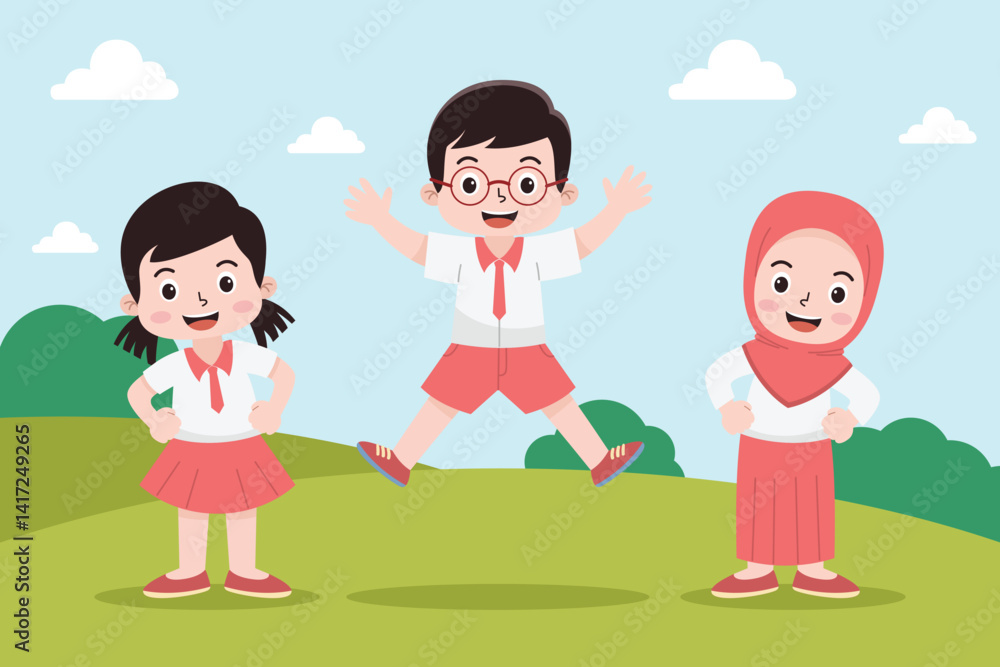 Cute Little School Kids with Happy Face in Red and White Uniform. Children Activity Outdoor Park. Cute Little School Kids with Happy Face in Red and White Uniform. Children Activity Outdoor Park.