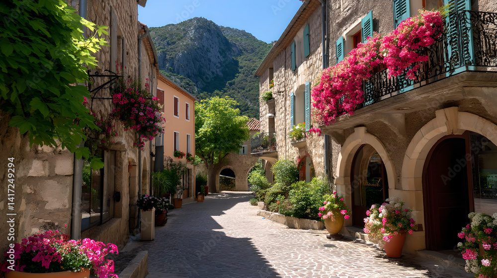 Sunlit Cobblestone Street in Mountain Village with Colorful Flowers