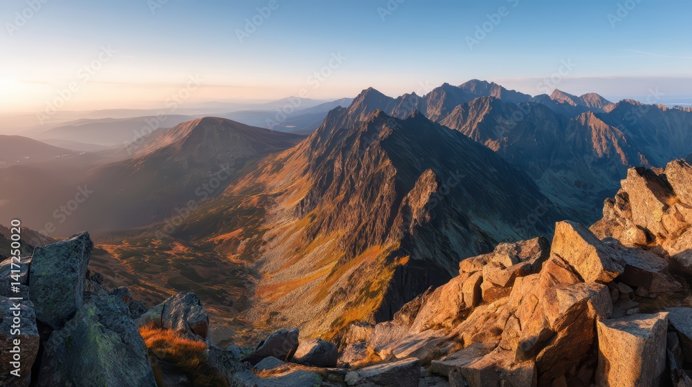 Naklejka premium Panoramic view of Mountains at sunrise with golden light on ridges and valleys.