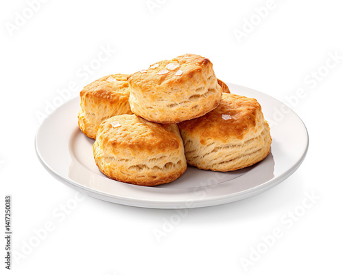  freshly baked scones on a plain white plate on a transparent background
