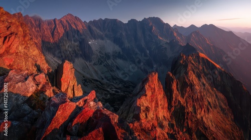 Panoramic view of Tatra Mountains at sunrise with red-orange rock peaks and golden light.