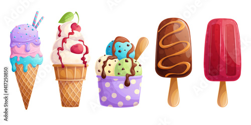 A set of different ice cream on a white background. Ice cream in cups, on a stick. The concept of confectionery, baking, cooking. Isolated vector illustration for menu design, posters, banners, covers