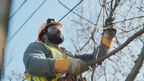 Utility worker trimming tree branches near power lines outdoors