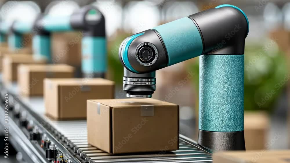 Robotic arm automating packaging process with boxes on a conveyor belt ...