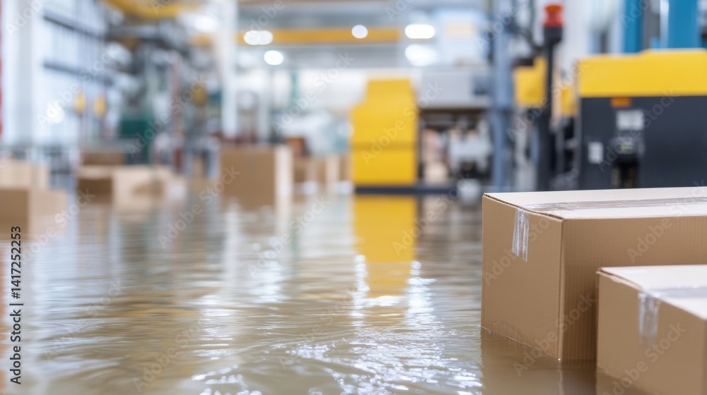 Flooded industrial factory cardboard boxes submerged in water damage disaster recovery and business interruption insurance concept with blurred manufacturing equipment background Flooded industrial factory cardboard boxes submerged in water damage disaster recovery and business interruption insurance concept with blurred manufacturing equipment background