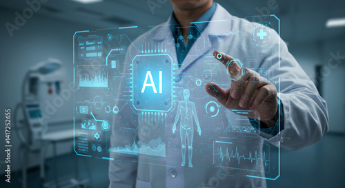 a male doctor interacting with a digital interface showing health data and artificial intelligence chip. concept of technological medicine and healthcare innovation. for medical technology.
