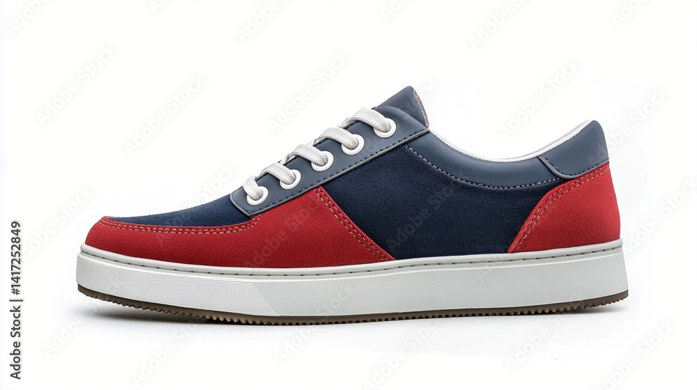 Stylish navy and red low-top sneaker with white laces, showcasing modern design and color-blocking aesthetic on clean white background Stylish navy and red low-top sneaker with white laces, showcasing modern design and color-blocking aesthetic on clean white background