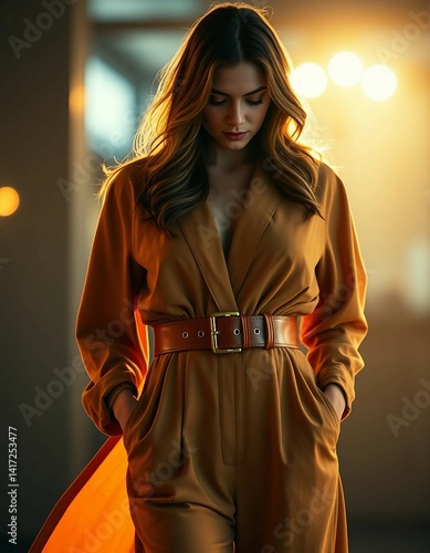 A stylish young woman wearing a beige jumpsuit and brown belt confidently walking in a vibrant urban district.

