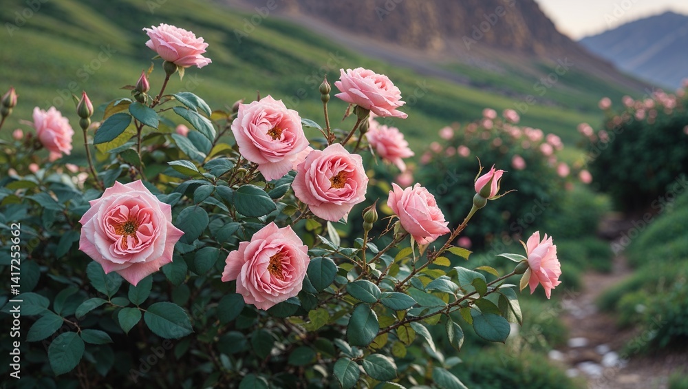 Obraz premium Lush pink rose bushes blooming in mountain garden landscape