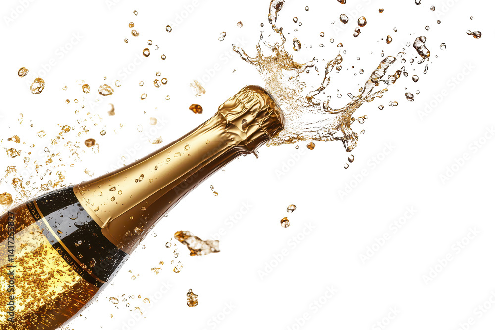 Obraz premium Champagne bottle popping with dramatic splash effect beautifully isolated on a clean white background