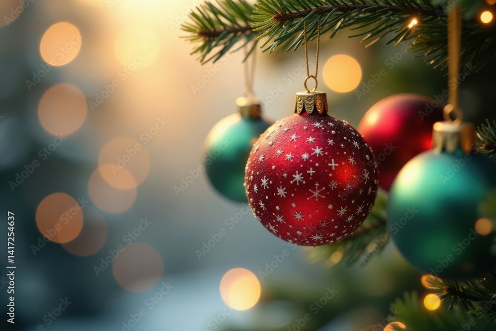Sparkling Christmas Ornaments Hanging from a Wooden Branch, beauty, holiday Sparkling Christmas Ornaments Hanging from a Wooden Branch, beauty, holiday