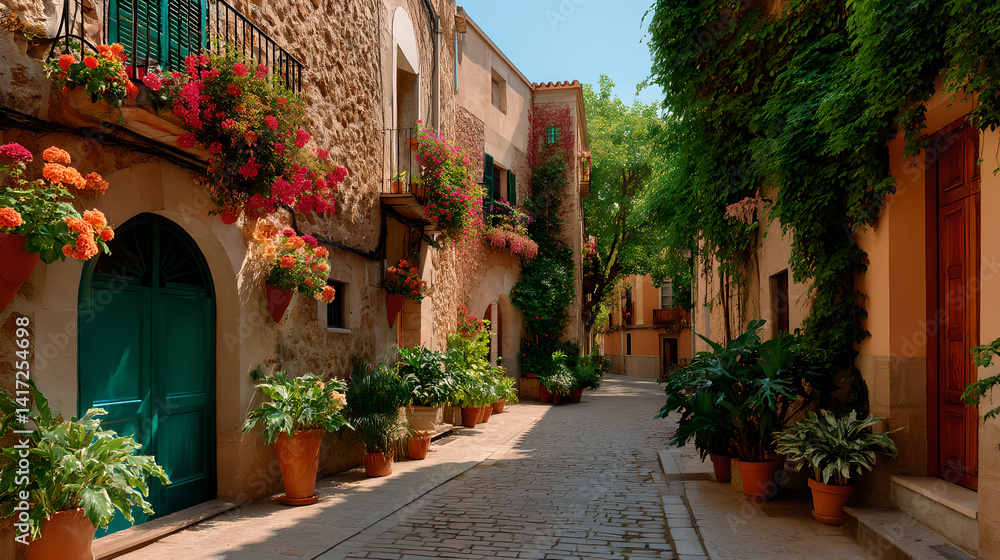 Sunlit Mediterranean Street with Terracotta Buildings and Vibrant Flowers