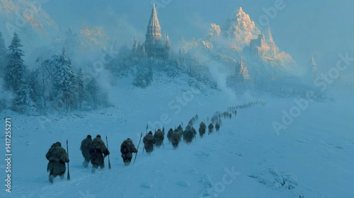 Ice age hunters trekking through frozen blizzard landscape toward distant snow-covered castle, carrying spears with glowing thermal units emitting steam, epic winter survival fantasy scene