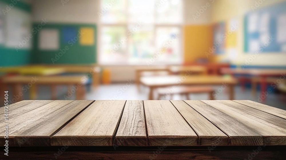 Rustic wooden tabletop in a bright, colorful classroom setting with blurred furniture and vibrant walls, ideal for educational materials or children's content.