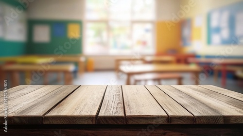 Obraz na płótnie Rustic wooden tabletop in a bright, colorful classroom setting with blurred furniture and vibrant walls, ideal for educational materials or children's content. w salonie