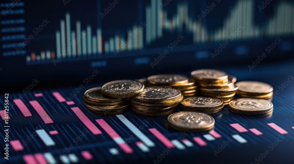Stacked coins reflect on financial data charts. Economic trends and analysis visualized Stacked coins reflect on financial data charts. Economic trends and analysis visualized