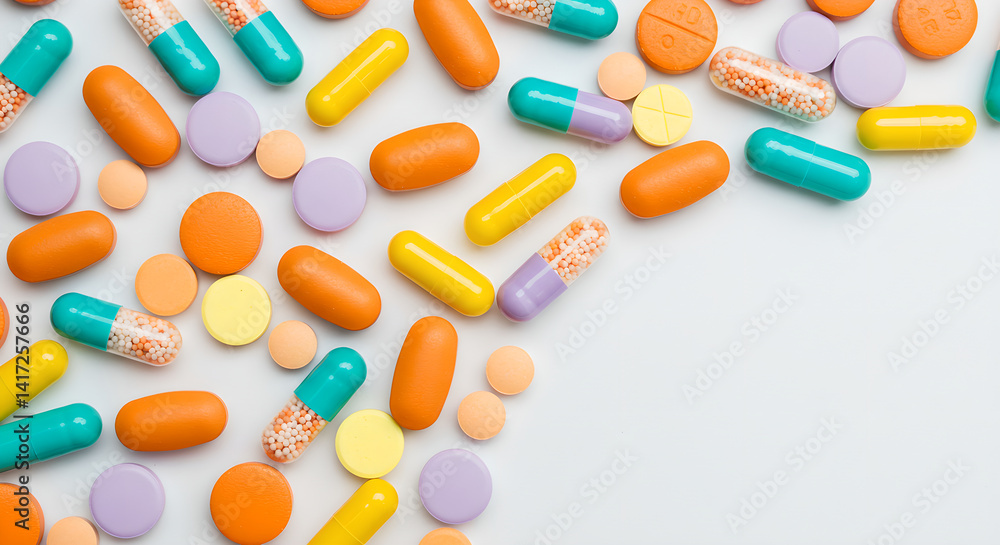 Colorful pills and medical capsules in different shapes scattered on a white surface. Pharmaceutical concept for healthcare and medicine use, a mix of medication. Colorful pills and medical capsules in different shapes scattered on a white surface. Pharmaceutical concept for healthcare and medicine use, a mix of medication.