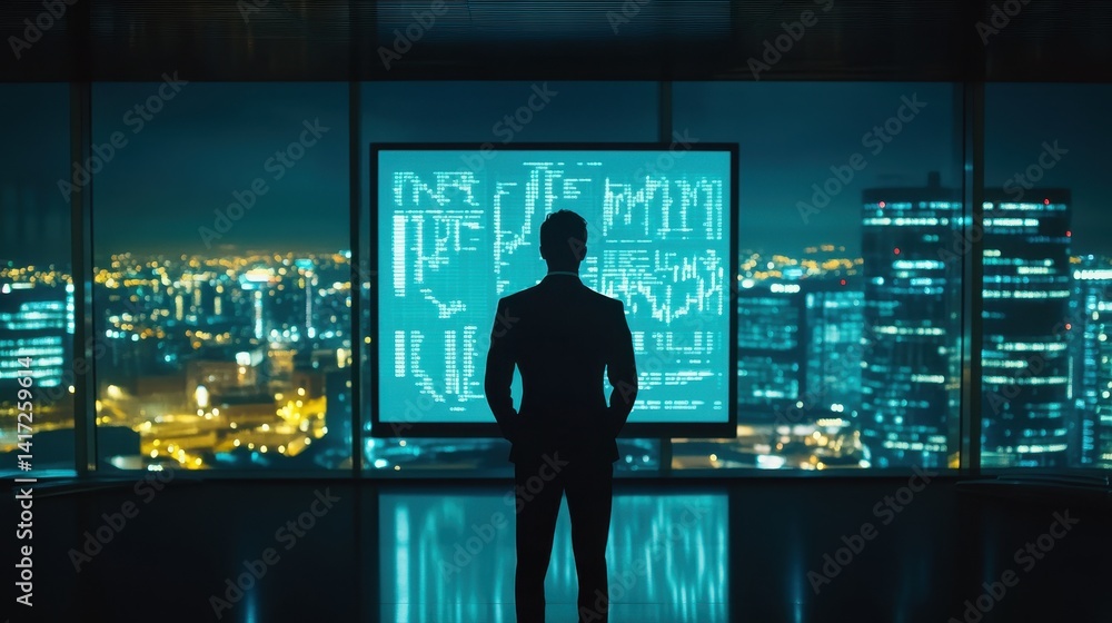 A businessman looks at a screen displaying financial charts in his office at night. Use it to illustrate finance, investment, business, or technology topics. A businessman looks at a screen displaying financial charts in his office at night. Use it to illustrate finance, investment, business, or technology topics.