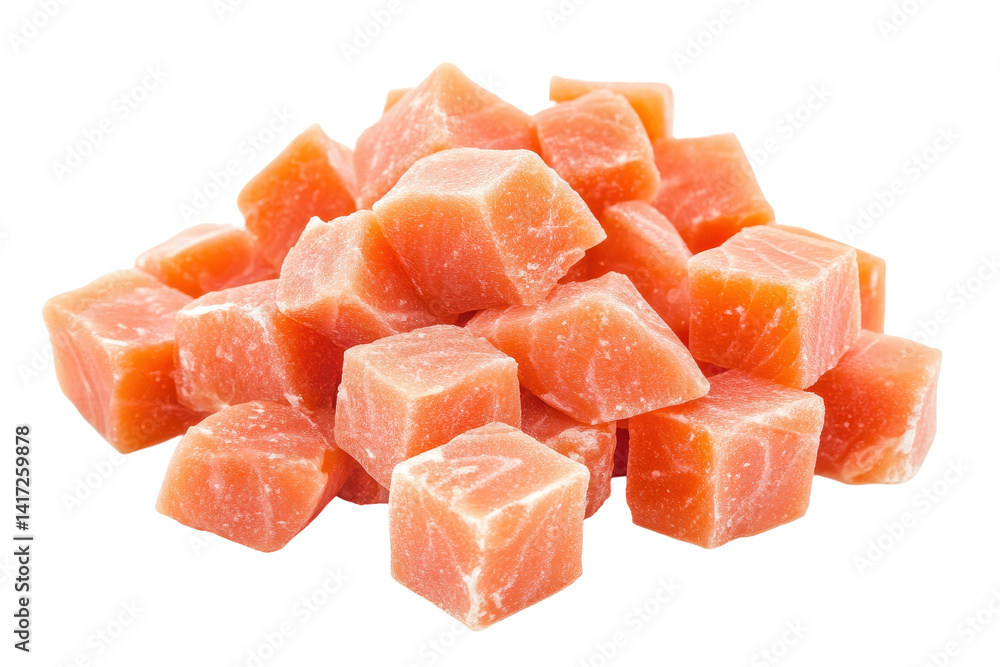 Succulent salmon cubes piled high showcasing freshness and quality for seafood lovers everywhere Succulent salmon cubes piled high showcasing freshness and quality for seafood lovers everywhere