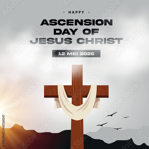Ascension Day of Jesus Christ. God, clouds, birds and mountains in the afternoon. Perfect for cards, banners, posters, social media and more. Sky background.