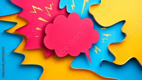 Obraz na płótnie Colorful abstract design with speech bubbles and dynamic shapes on a vibrant background, perfect for communication-related projects or creative storytelling materials. w salonie
