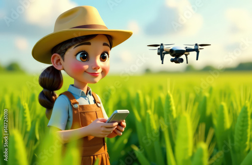 Young caucasian female using drone in field with hat and overalls