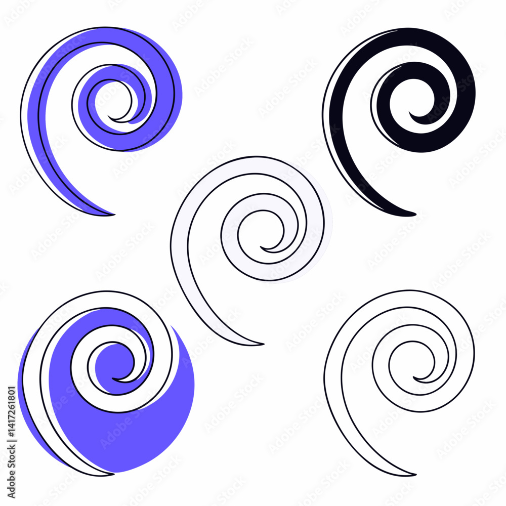 Stylized spiral designs in various colors and outlines create dynamic visual effect, showcasing creativity and modern art. Isolate on white background, copy space, commercial use Stylized spiral designs in various colors and outlines create dynamic visual effect, showcasing creativity and modern art. Isolate on white background, copy space, commercial use