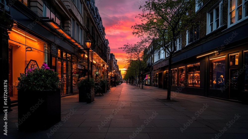 Fototapeta premium Twilight serenity vibrant urban streetscape city center photography evening glow perspective urban beauty