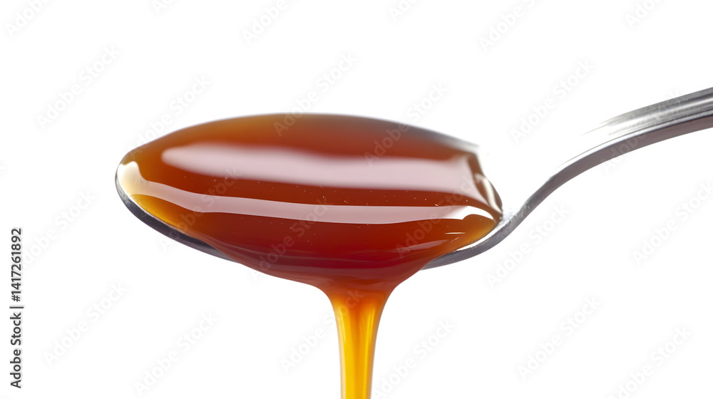 Delicious Caramel Sauce Dripping from Spoon on White Background Delicious Caramel Sauce Dripping from Spoon on White Background