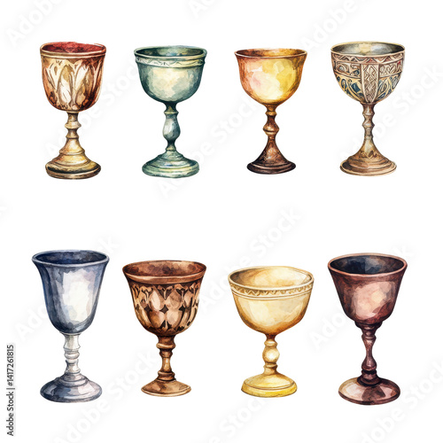 Group of watercolor chalices with unique artistic styles perfectly isolated on a pure white background