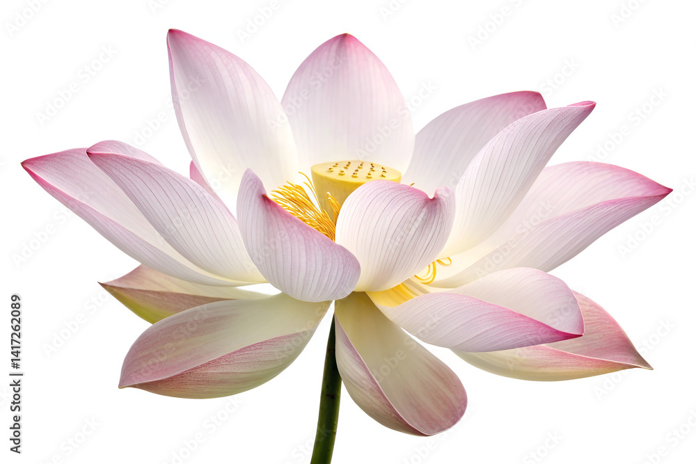 A beautiful pink lotus and water lily blossom, aquatic flora often called waterlily, bloom as lovely floral petals isolated against white, showcasing nature's beauty in the garden pond during summer A beautiful pink lotus and water lily blossom, aquatic flora often called waterlily, bloom as lovely floral petals isolated against white, showcasing nature's beauty in the garden pond during summer