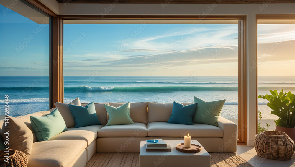 Fototapeta premium This image depicts a serene and inviting living space with a stunning ocean view. 