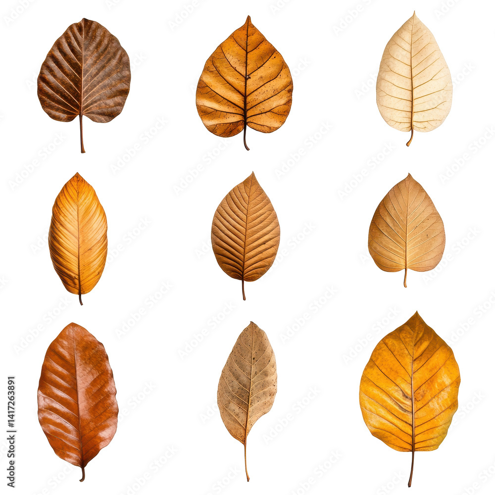 Obraz premium Natural brown dried tropical leaves showing texture and detail against a bright white background