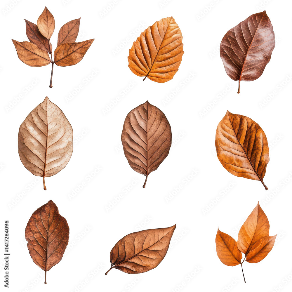Collection of dried tropical leaf shapes in natural brown tones over a simple white background Collection of dried tropical leaf shapes in natural brown tones over a simple white background