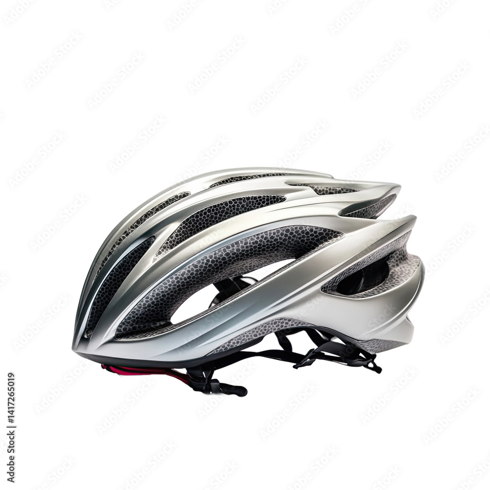 A modern, silver bicycle helmet, with a ventilated design, is displayed. A modern, silver bicycle helmet, with a ventilated design, is displayed.