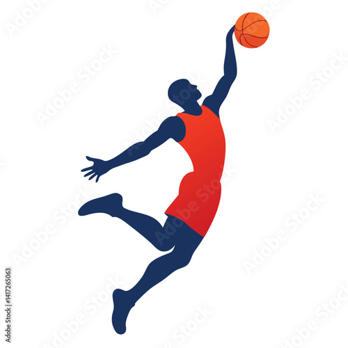 Basketball player dunking silhouette on white background.  