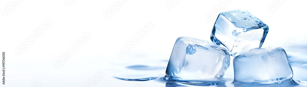 Close-up of three ice cubes melting in clear water on a white background, symbolizing refreshment and coolness, perfect for beverage-related content, summer vibes, or cocktail imag Close-up of three ice cubes melting in clear water on a white background, symbolizing refreshment and coolness, perfect for beverage-related content, summer vibes, or cocktail imag