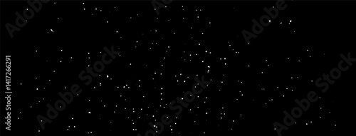 Vector starry night sky. Star texture background. Milky Way stars and planets on black sky bg. Abstract galaxy banner. Astronomy or astrology banner bg. Tiny white speckles. Grungy snowfall texture