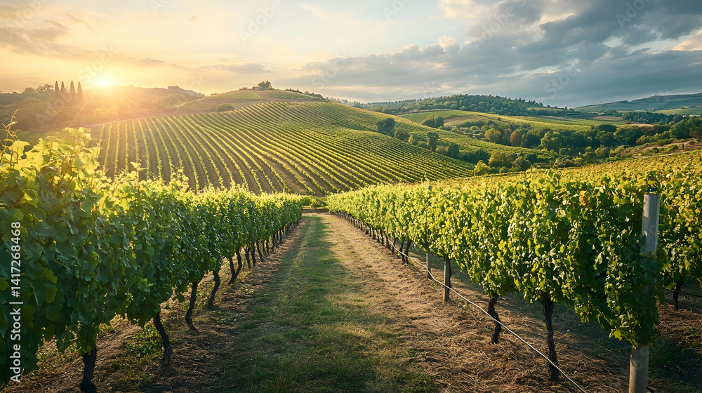 Naklejka premium Picturesque vineyard landscape at sunset in the countryside of Tuscany