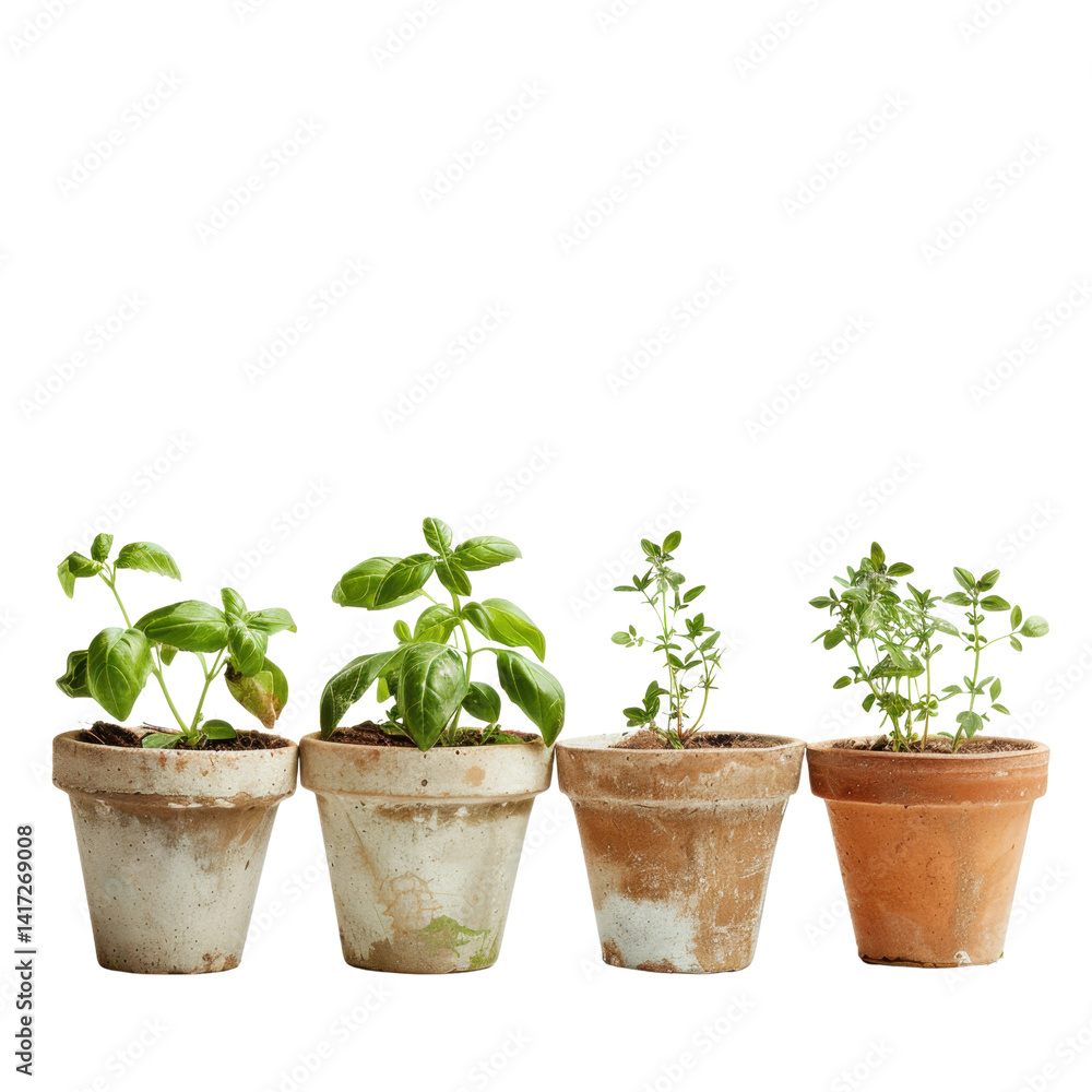 collection of four small potted plants, including basil and thyme, showcasing vibrant green leaves in rustic terracotta pots. arrangement adds fresh and natural touch to any space collection of four small potted plants, including basil and thyme, showcasing vibrant green leaves in rustic terracotta pots. arrangement adds fresh and natural touch to any space