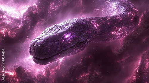 A majestic cosmic serpent gliding through a vibrant nebula filled with swirling colors and celestial formations