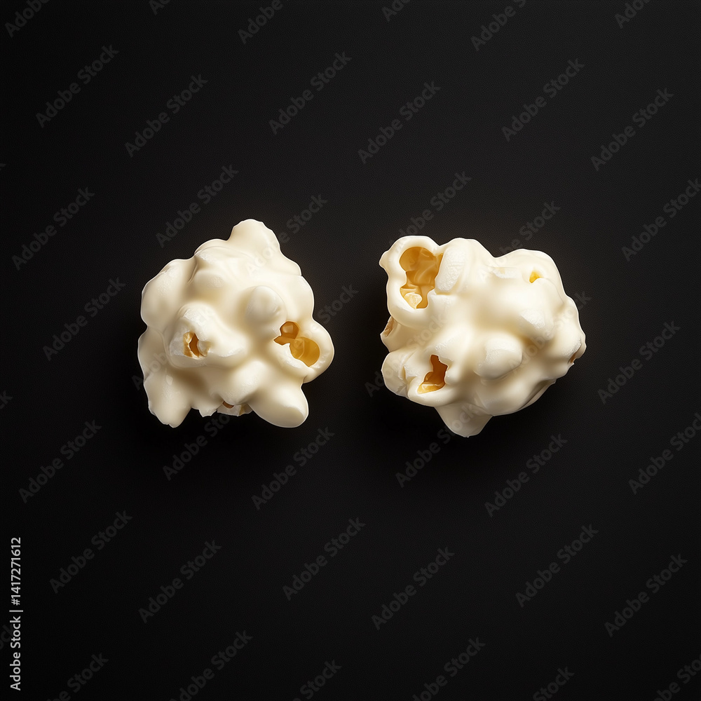 Macro Photo of Two Pieces of Popcorn Isolated on Dark Black Background Macro Photo of Two Pieces of Popcorn Isolated on Dark Black Background