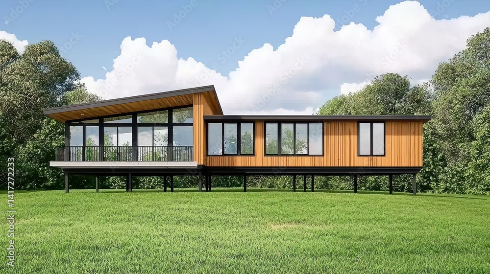 Modern mixed-material house design suburban setting architectural structure green environment eye-level perspective