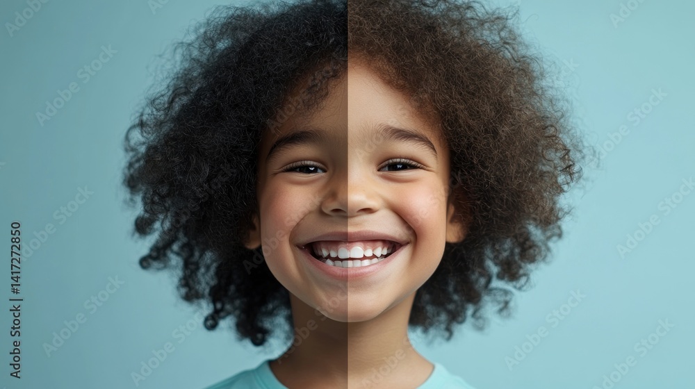 Child's face, split-toned, happy expression Child's face, split-toned, happy expression