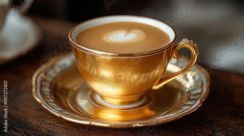Elegant golden coffee cup with latte art on a beautifully crafted wooden table setting, highlighting luxury and sophistication